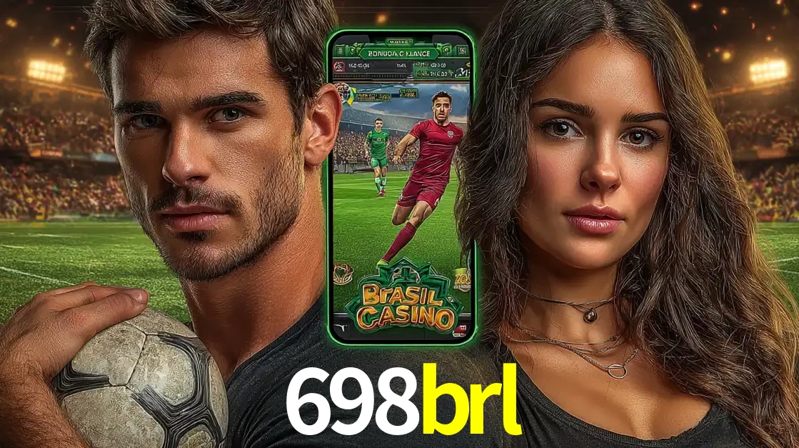 Homem segurando uma bola de futebol e uma mulher ao lado de um smartphone exibindo o jogo de apostas esportivas da 698brl. Faça seu palpite no cassino online.